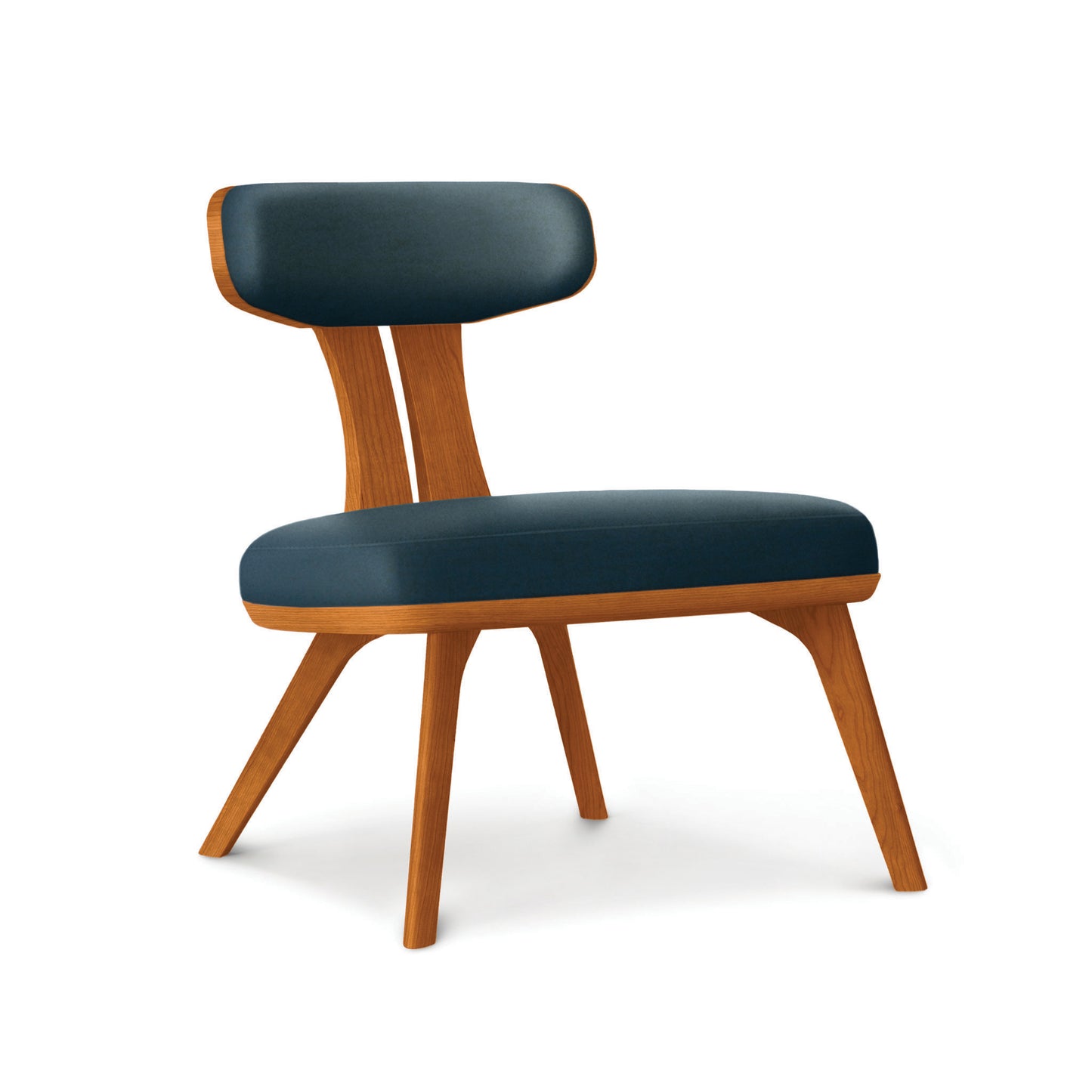 Estelle Lounge Chair by Copeland Furniture features solid American hardwood, angled legs, wide seat, and a dark blue cushioned backrest.