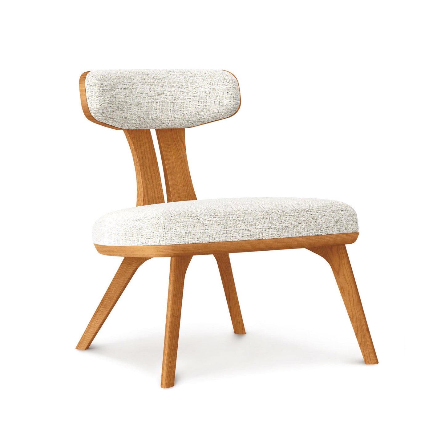 Estelle Lounge Chair by Copeland Furniture with angled legs and light textured upholstered seat, crafted in America for a mid-century modern style.