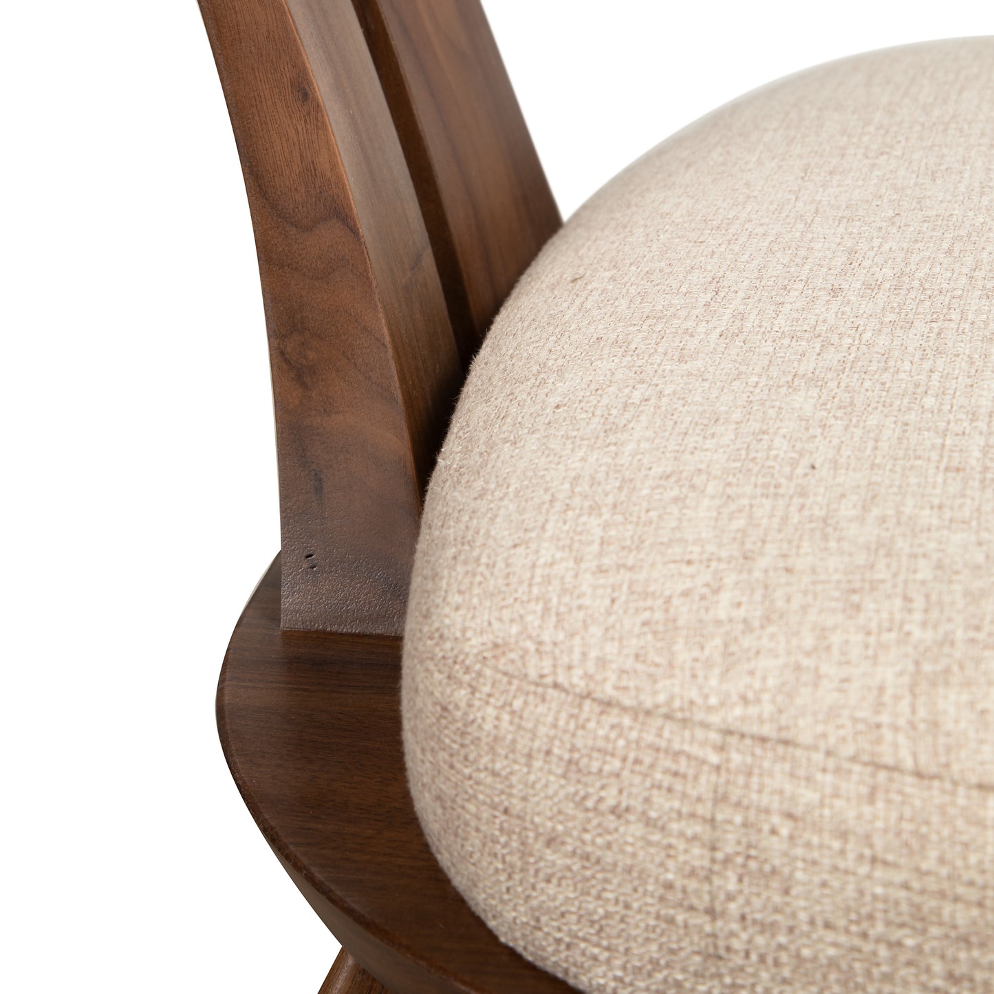 Estelle Lounge Chair by Copeland Furniture in solid American hardwood, mid-century curved back, beige cushion; handcrafted American-made seating.