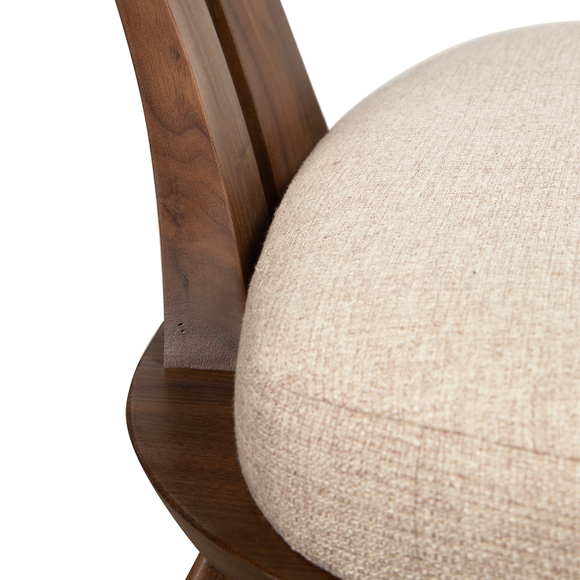 Estelle Lounge Chair by Copeland Furniture in solid American hardwood, mid-century curved back, beige cushion; handcrafted American-made seating.