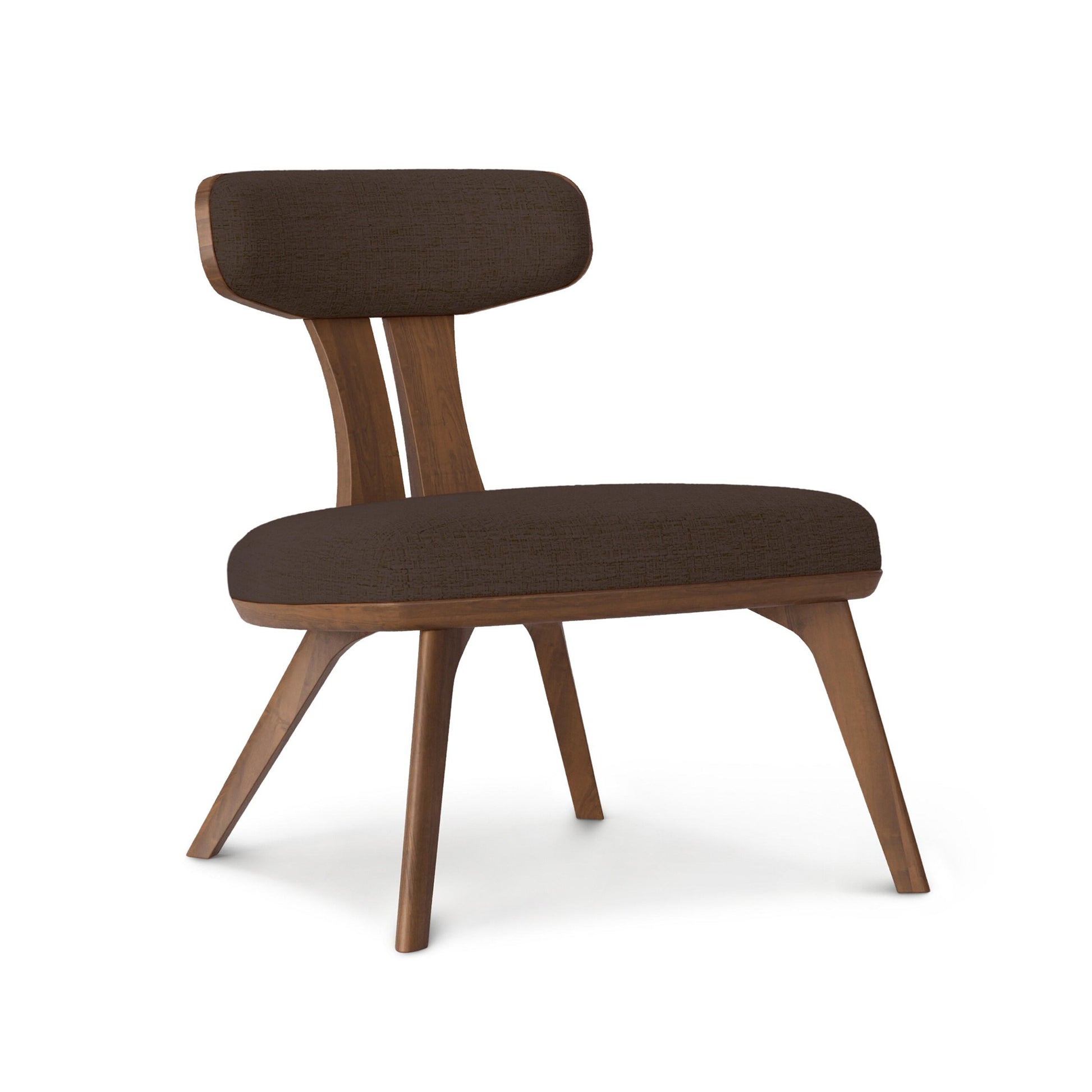 Copeland Furniture Estelle Lounge Chair in handcrafted walnut with angled legs, curved backrest, and dark brown cushioned seat; American made quality.