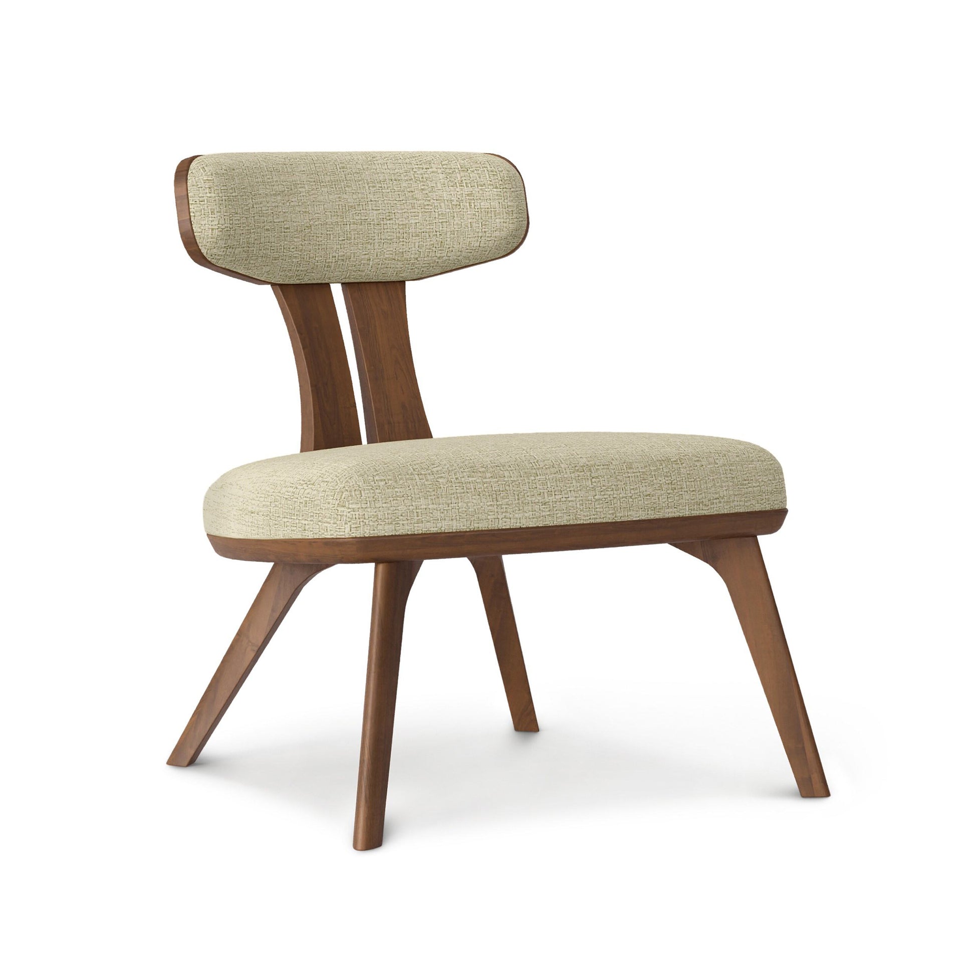 Estelle Lounge Chair by Copeland Furniture features angled legs, a handcrafted walnut frame, and a beige cushion; expertly crafted in Vermont USA.