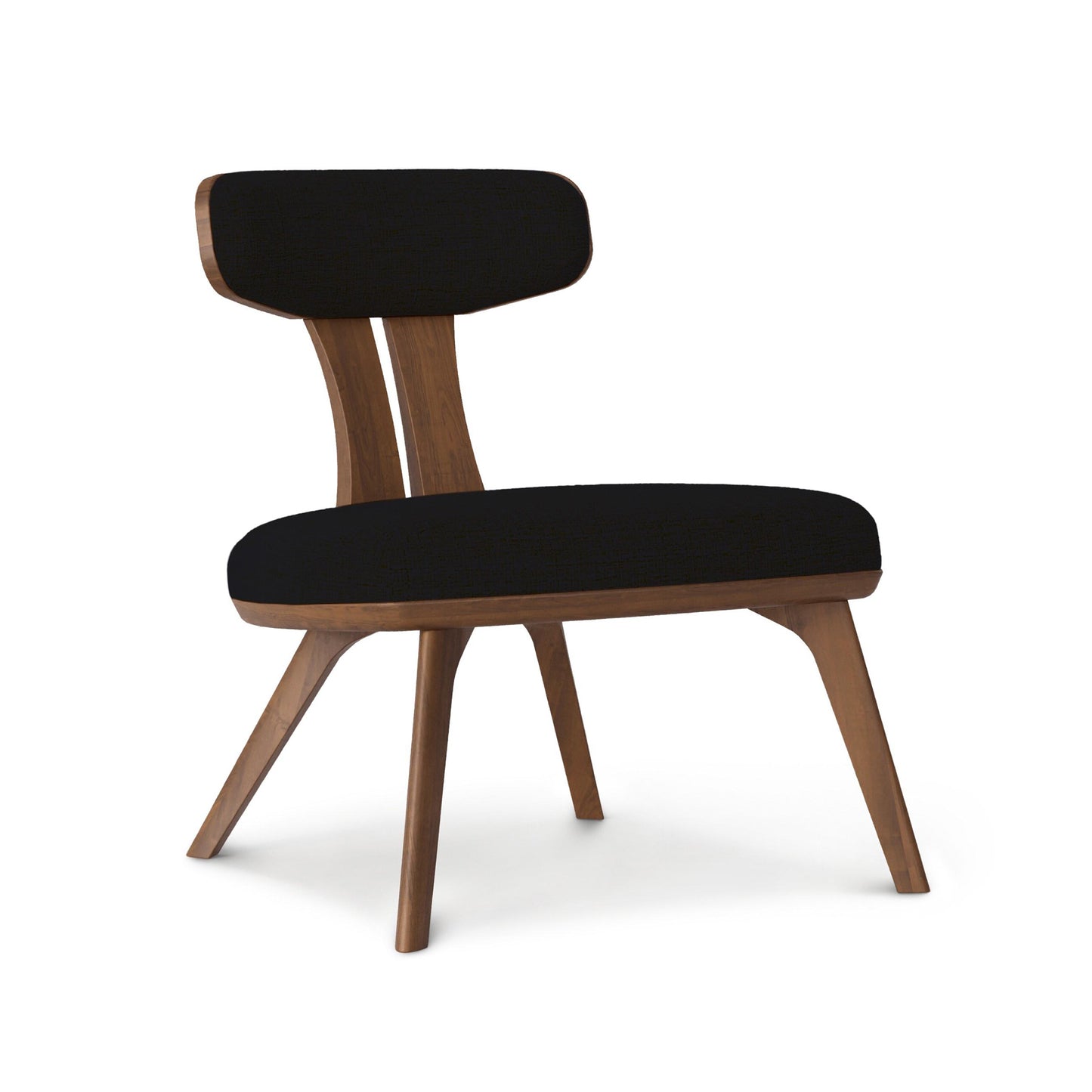 Estelle Lounge Chair by Copeland Furniture with angled legs, curved solid walnut backrest, and black upholstered seat, handcrafted in the USA.