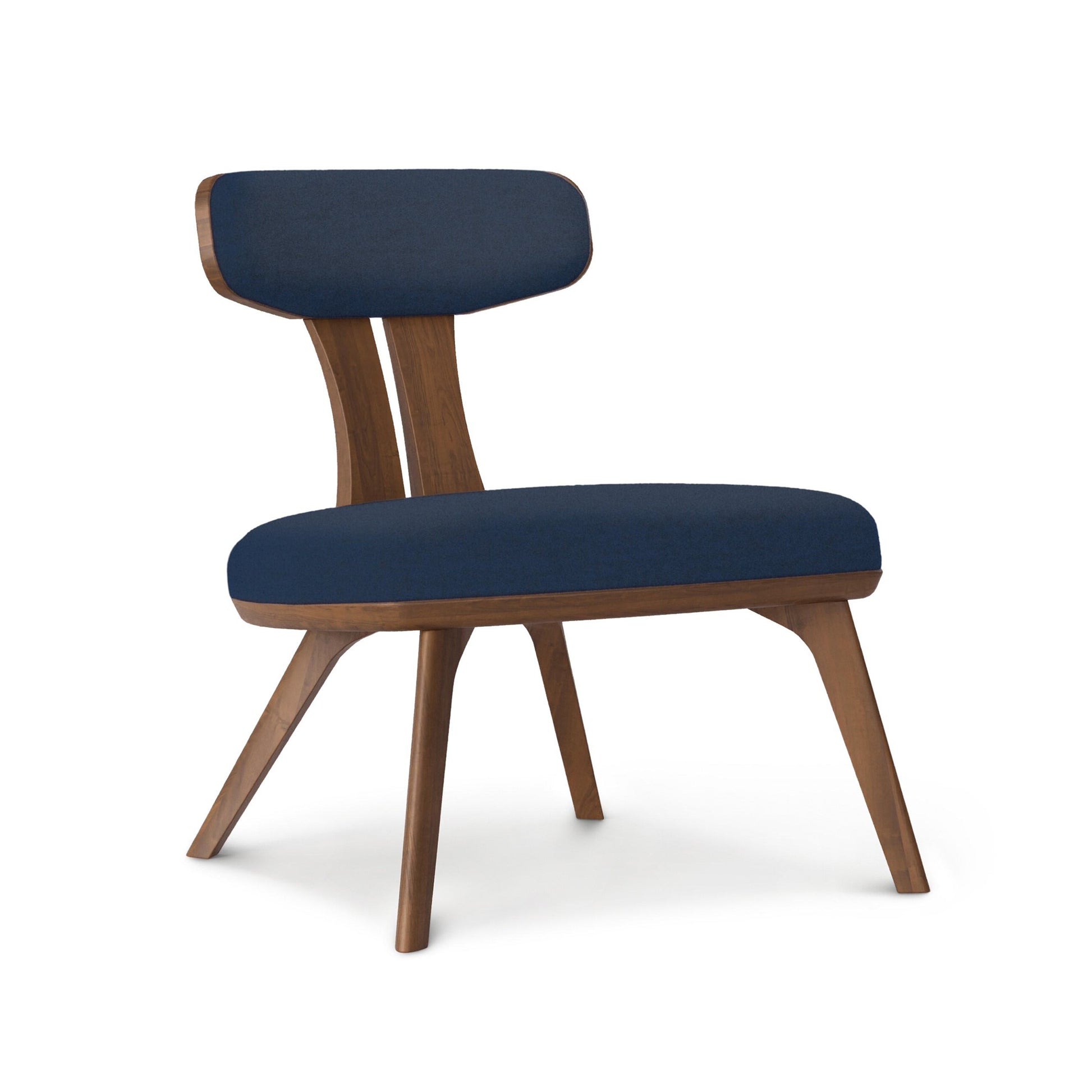 Estelle Lounge Chair by Copeland Furniture with angled legs, a curved back, and dark blue upholstery, showcasing elegant American craftsmanship.