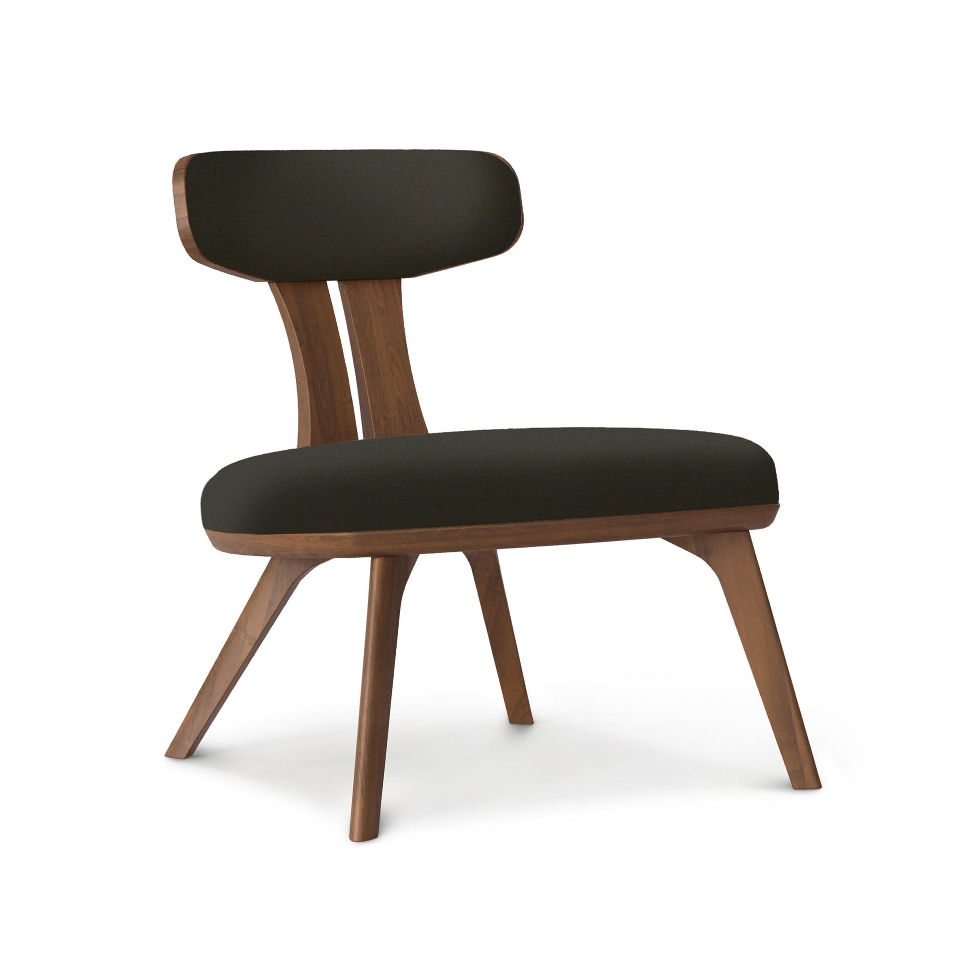 Estelle Lounge Chair by Copeland Furniture with angled legs, curved backrest, and black cushions, expertly crafted in America.