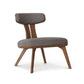 Estelle Lounge Chair by Copeland Furniture with angled wood legs, curved backrest, and gray fabric upholstery, handcrafted in Vermont USA.