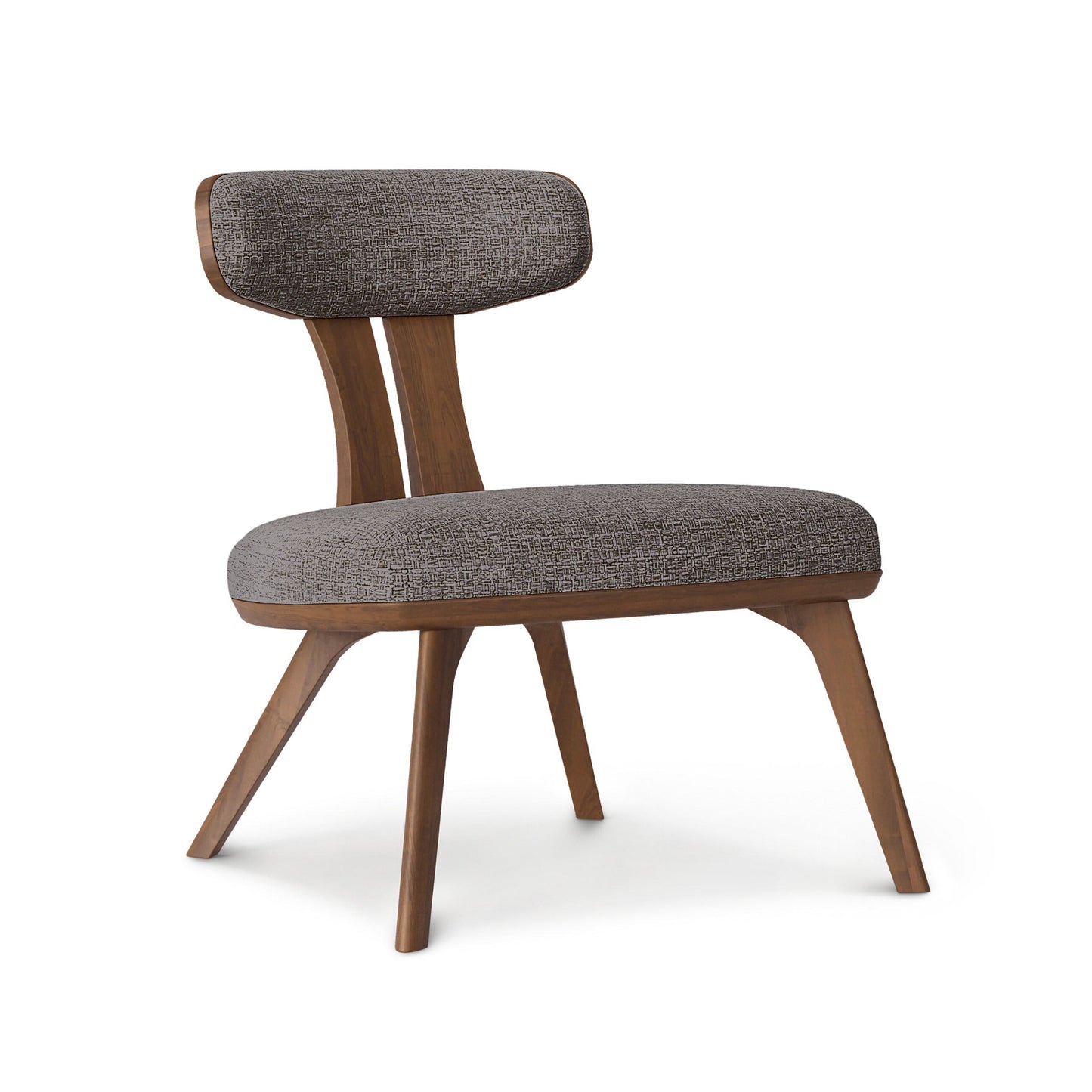 Estelle Lounge Chair by Copeland Furniture with angled wood legs, curved backrest, and gray fabric upholstery, handcrafted in Vermont USA.