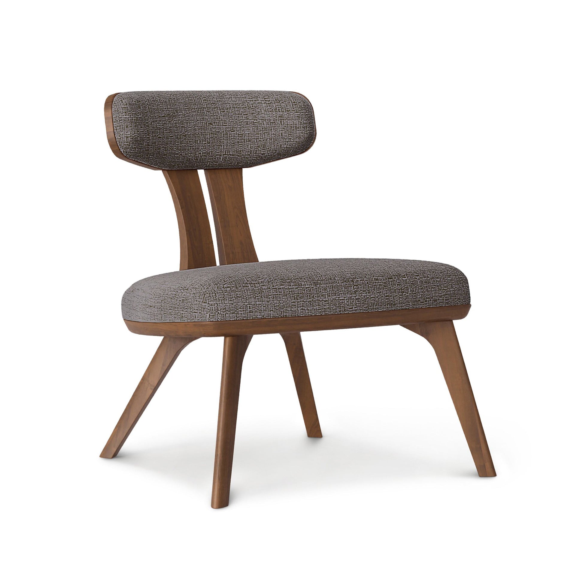 Estelle Lounge Chair by Copeland Furniture with angled wood legs, curved backrest, and gray fabric upholstery, handcrafted in Vermont USA.