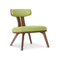 Estelle Lounge Chair by Copeland Furniture with angled legs, curved back, and green upholstered cushions in a classic mid-century modern design.