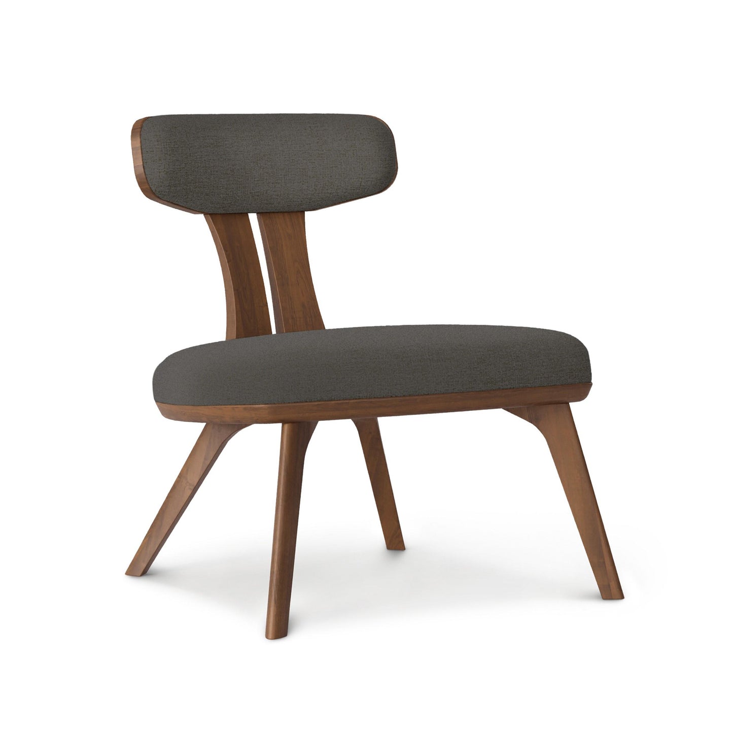 Estelle Lounge Chair by Copeland Furniture with angled legs, a sculpted curved backrest, and dark gray cushions. American made, handcrafted wood design.