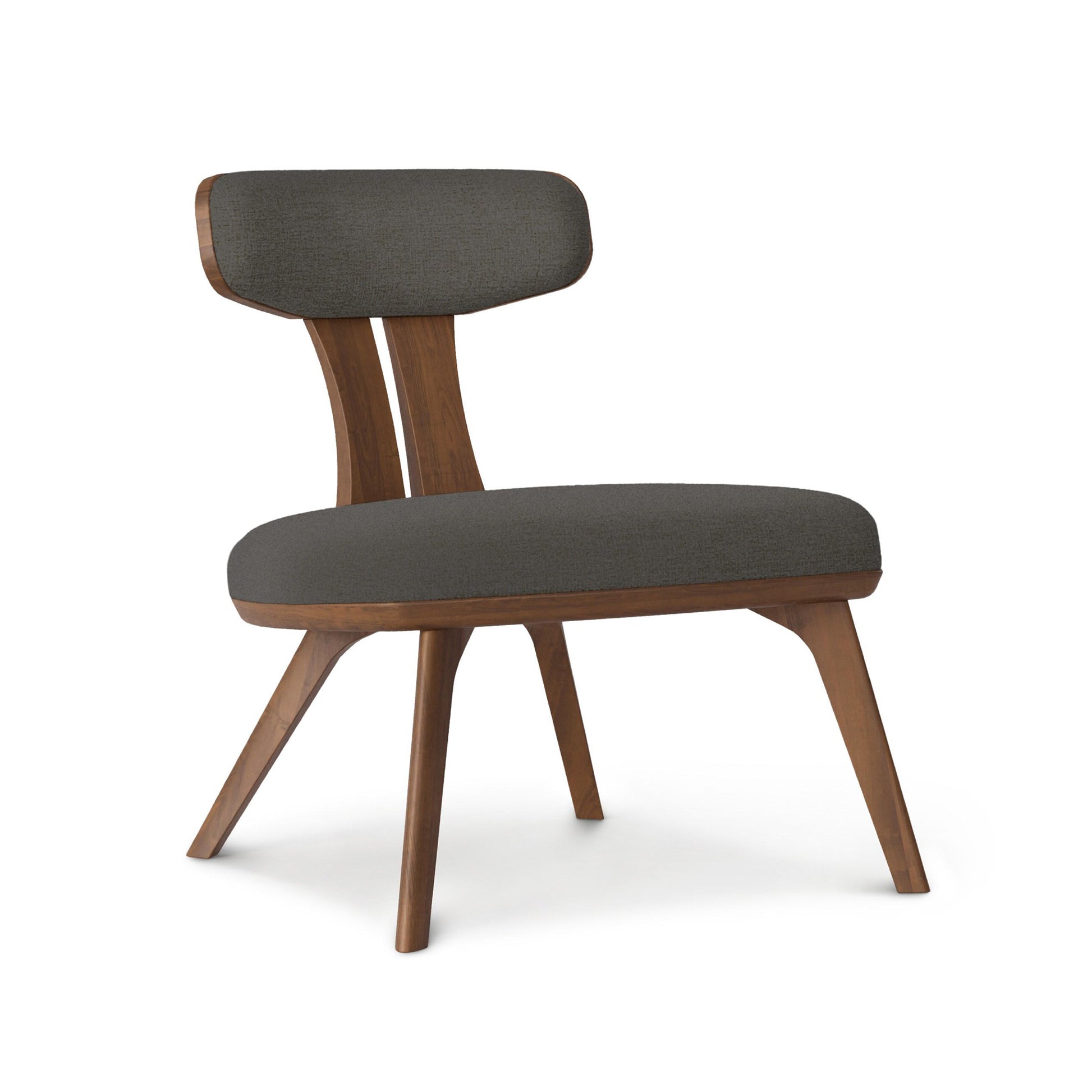 Estelle Lounge Chair by Copeland Furniture with angled legs, a sculpted curved backrest, and dark gray cushions. American made, handcrafted wood design.