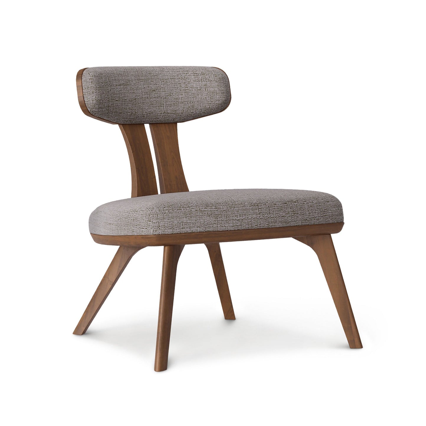 Estelle Lounge Chair by Copeland Furniture in solid walnut with sculpted, angled legs and plush light gray upholstered seat, American made.