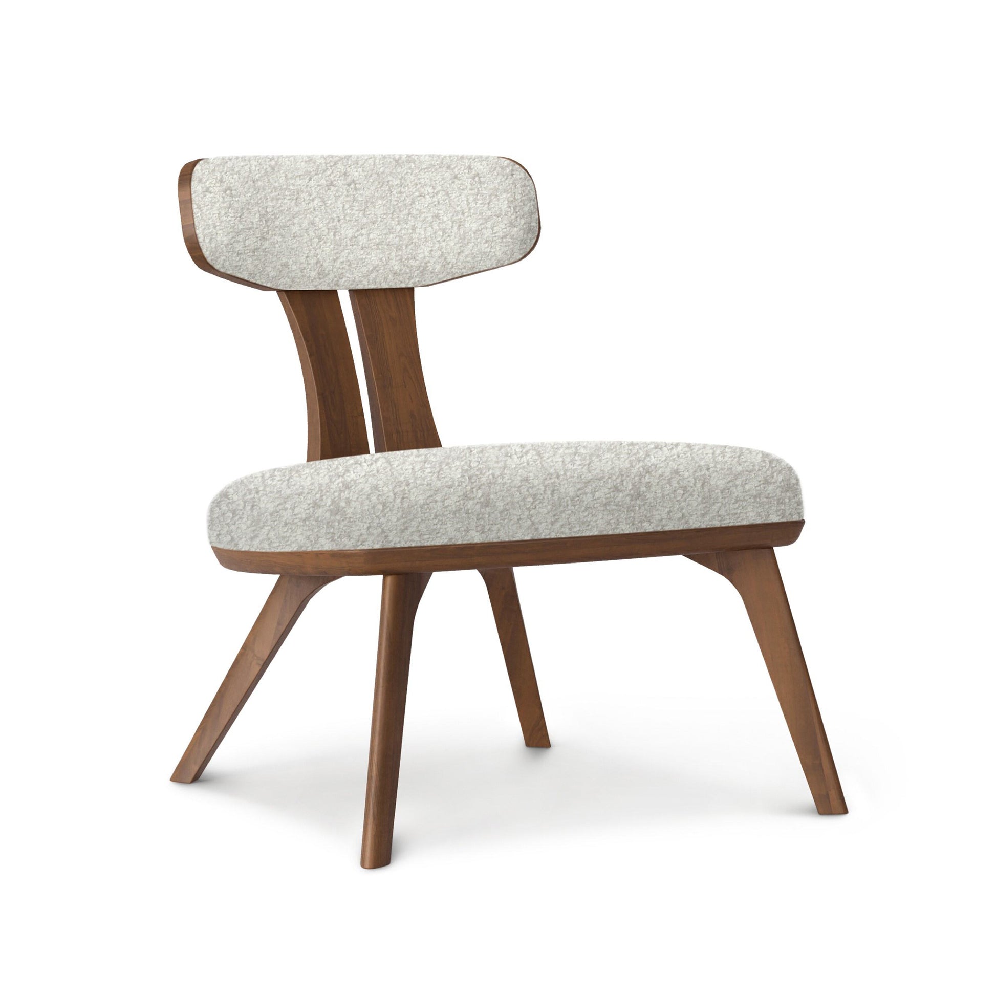 Estelle Lounge Chair by Copeland Furniture with angled legs, wide seat, and curved backrest in light gray fabric, handcrafted in Vermont, USA.