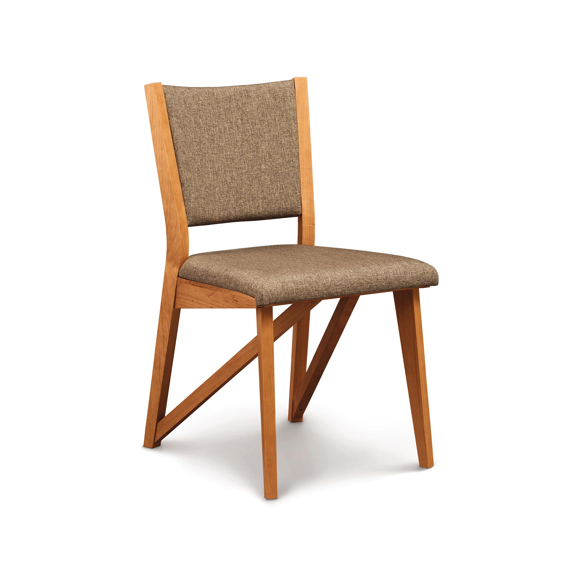 Exeter Chair by Copeland Furniture featuring a modern design with a brown upholstered seat and backrest supported by a sleek white base.