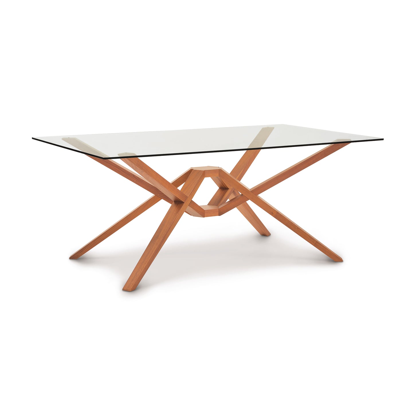 Exeter Rectangular Glass Top Table by Copeland Furniture with an angular hardwood base, highlighting the table’s elegant modern design.