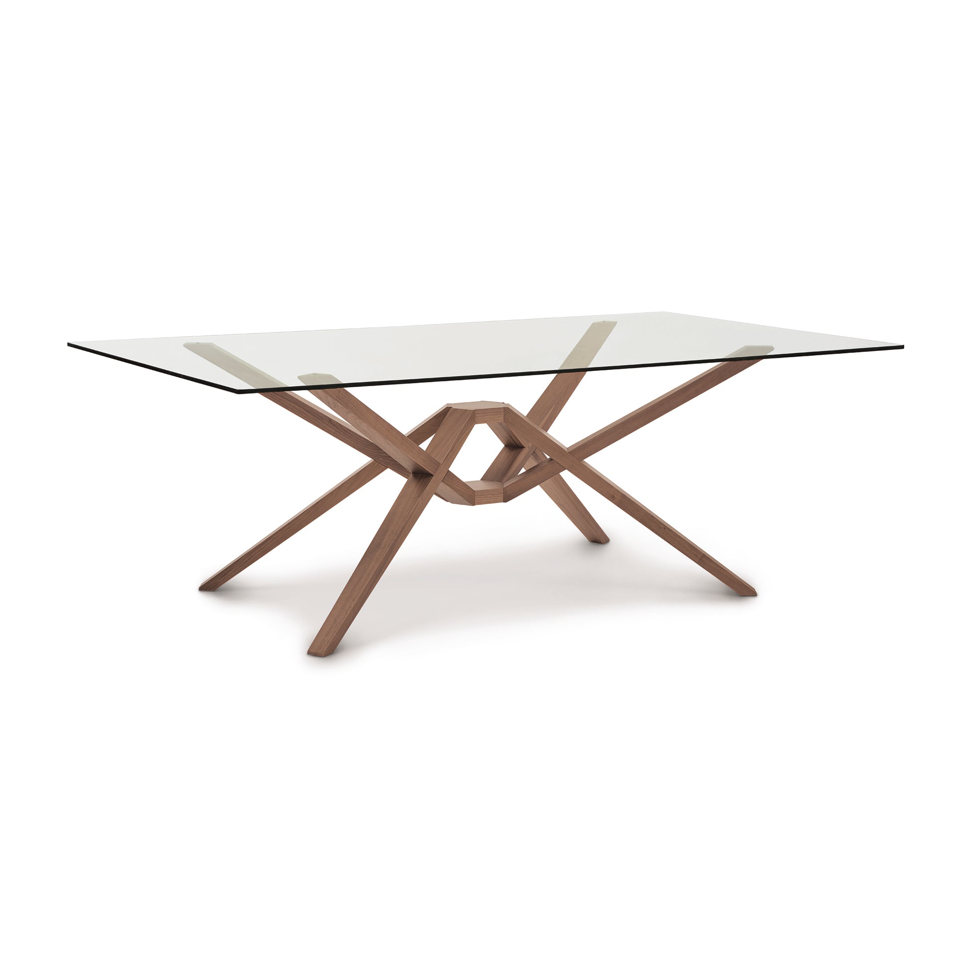 Exeter Rectangular Glass Top Table by Copeland Furniture with intersecting geometric solid wood legs and contemporary design.