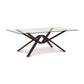 Exeter Rectangular Glass Top Table by Copeland Furniture with a solid wood geometric base and isometric design.