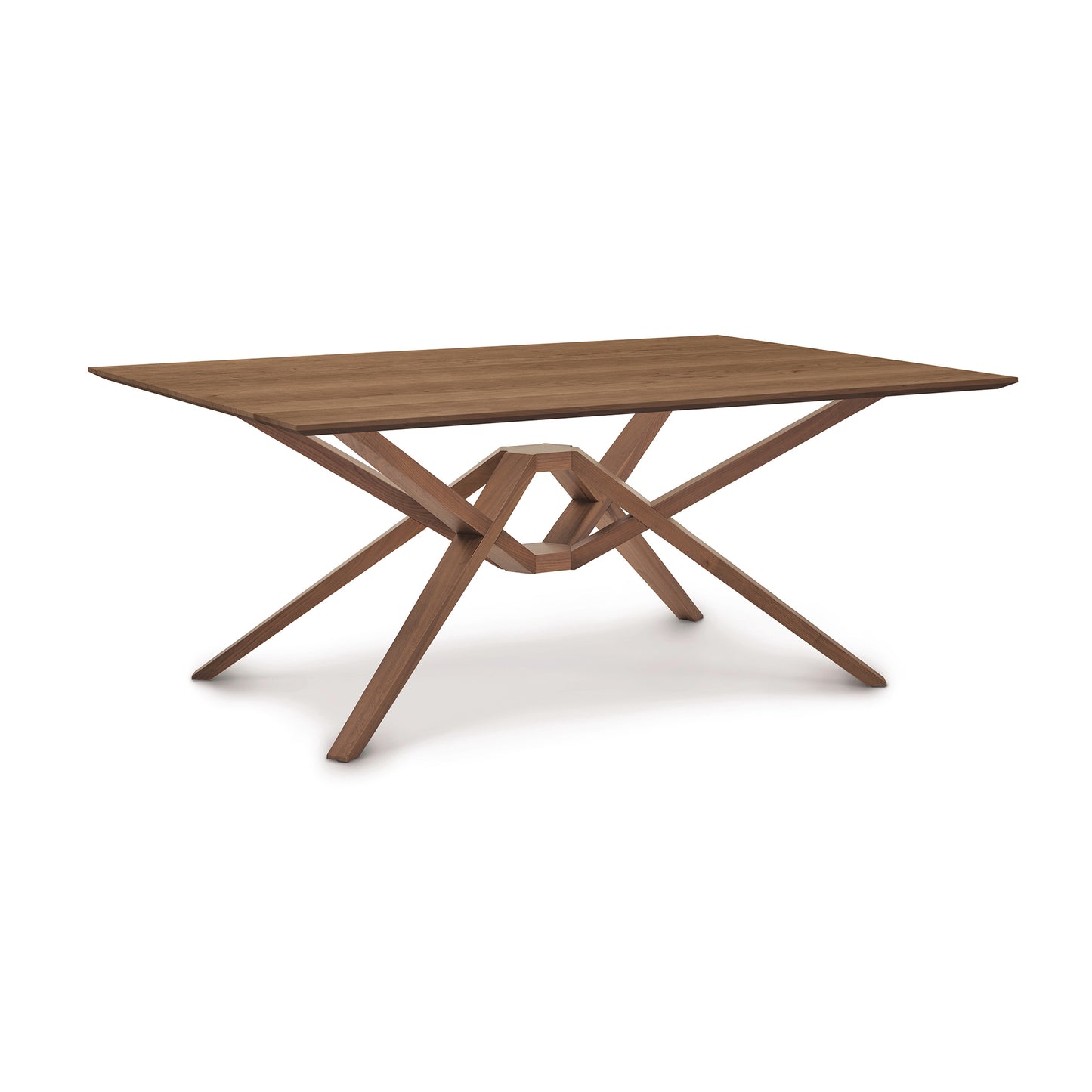 Exeter Solid Top Dining Table by Copeland Furniture with a striking geometric angled base and intersecting legs, showcasing fine craftsmanship.