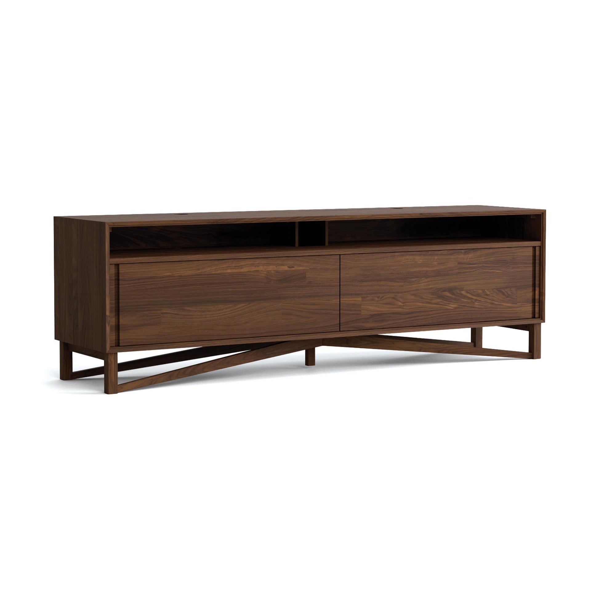 Exeter Media Cabinet by Copeland Furniture in dark walnut with two open shelves, roomy drawers, and angled supports; crafted in the USA.