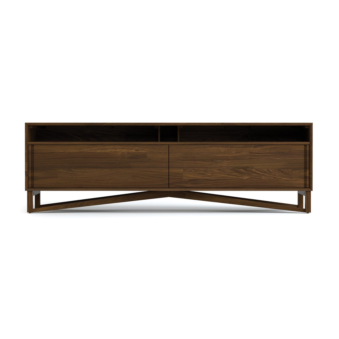 Exeter Media Cabinet by Copeland Furniture with two open shelves, two large drawers, angled legs, and a rich dark brown hardwood finish.