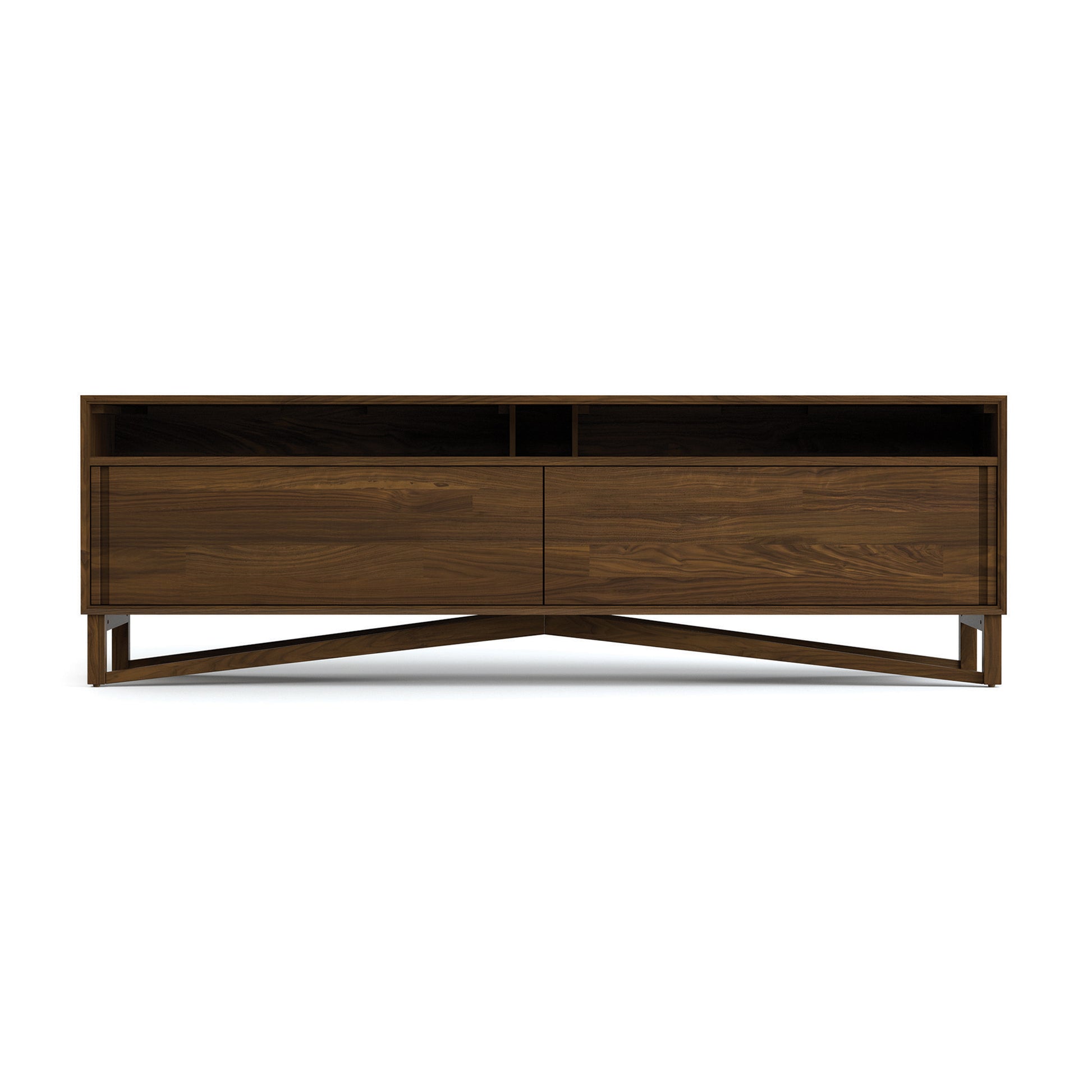 Exeter Media Cabinet by Copeland Furniture with two open shelves, two large drawers, angled legs, and a rich dark brown hardwood finish.