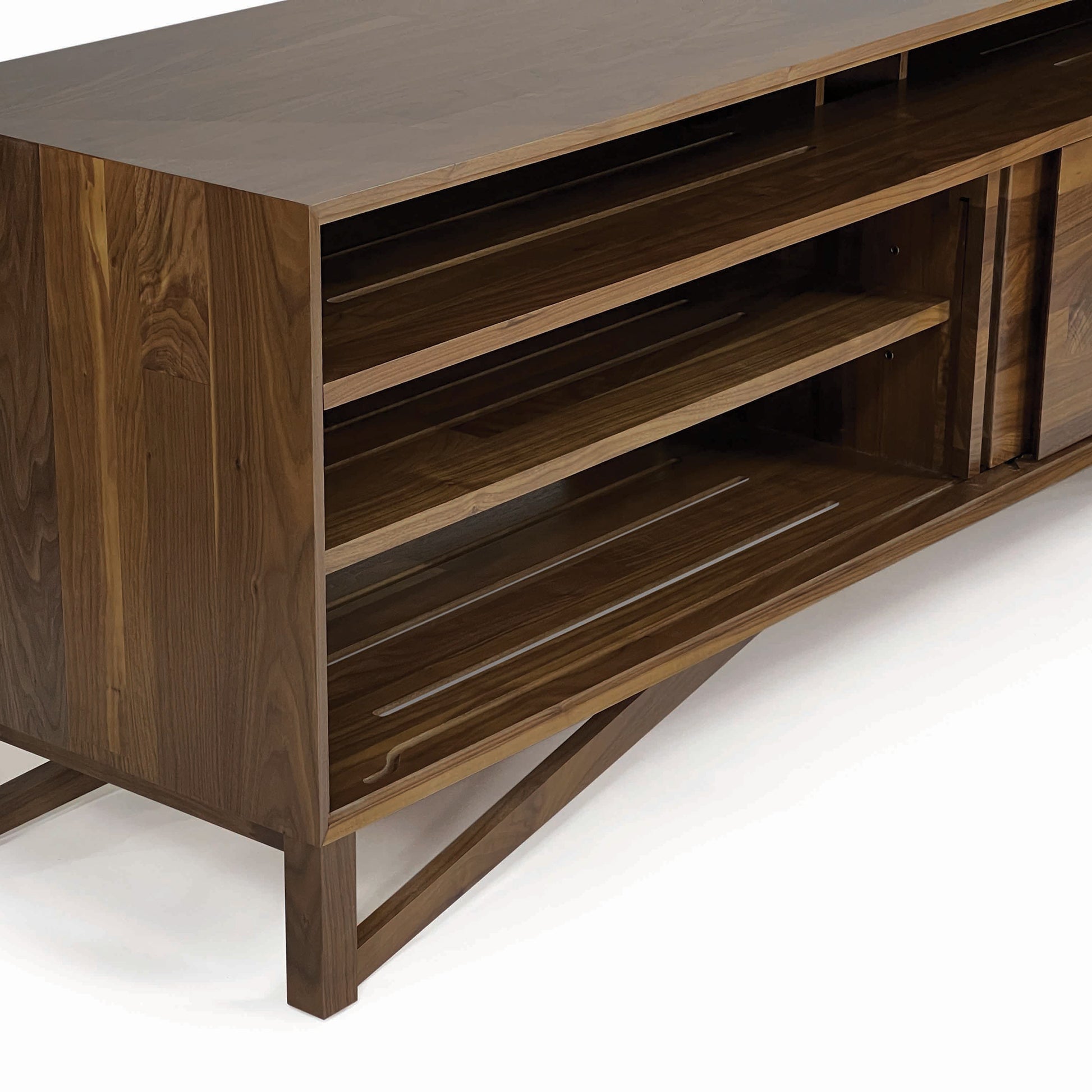Exeter Media Cabinet by Copeland Furniture in solid hardwood, featuring open shelves and a distinctive slatted lower shelf, American made.