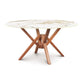 Exeter Round Table with sintered stone top and geometric hardwood base by Copeland Furniture.