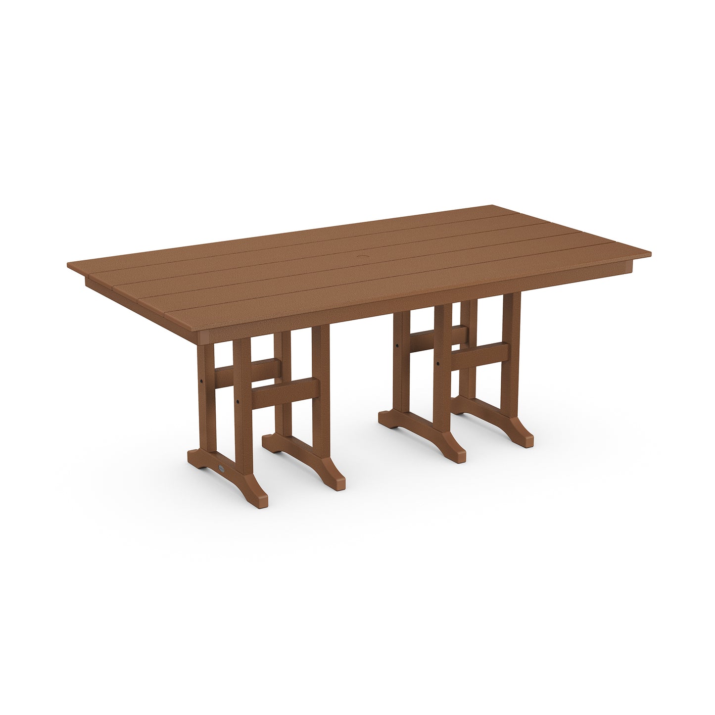 POLYWOOD Farmhouse Dining Table with slatted top and dual pedestal bases, crafted from weather-resistant POLYWOOD lumber.
