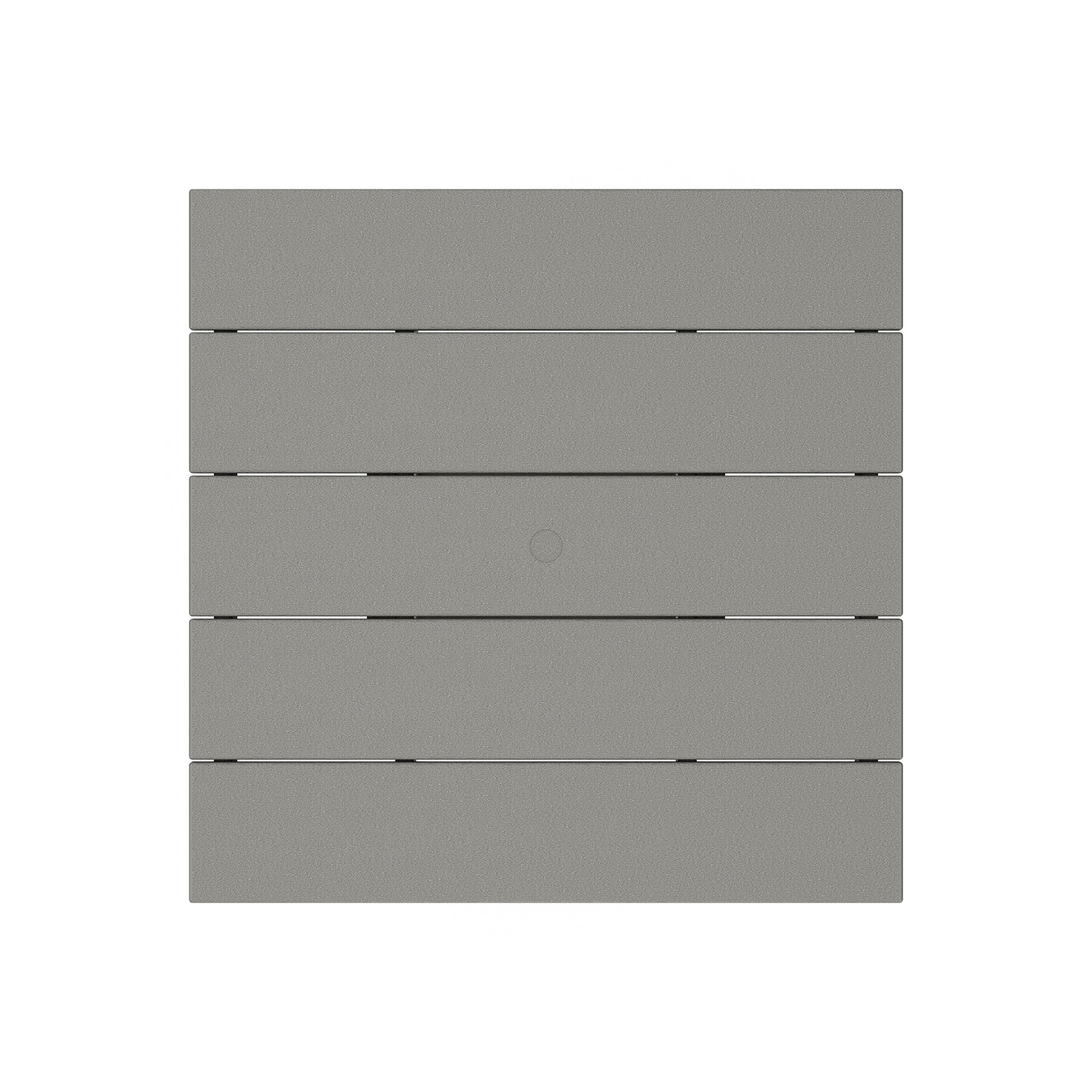 Light gray POLYWOOD Farmhouse Trestle dining table with square design, featuring five slats and a central circle.