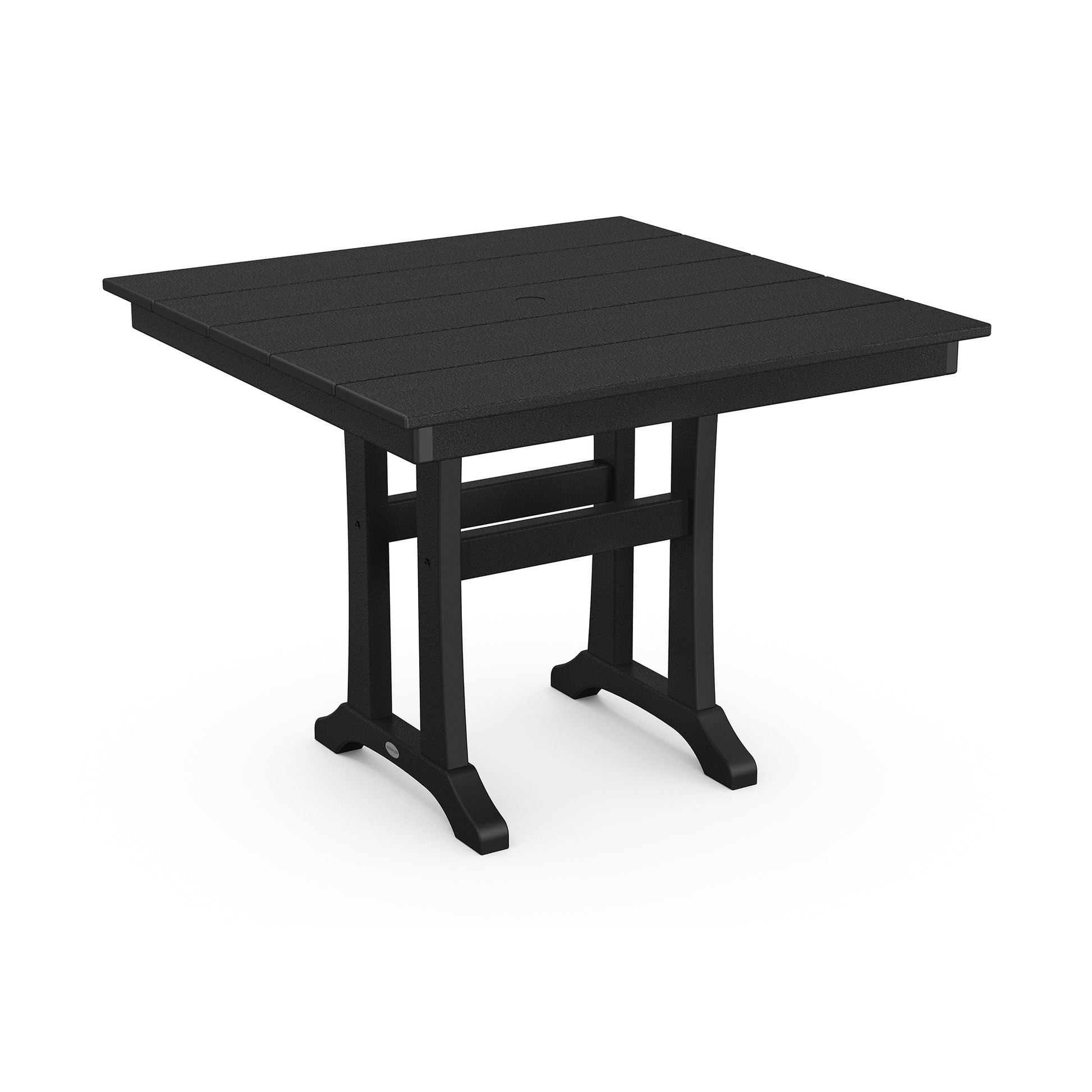 Black square POLYWOOD Farmhouse Trestle outdoor table with slatted top.