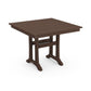 POLYWOOD Farmhouse Trestle 37" brown wooden square table with slat design, four sturdy legs, and an umbrella hole.