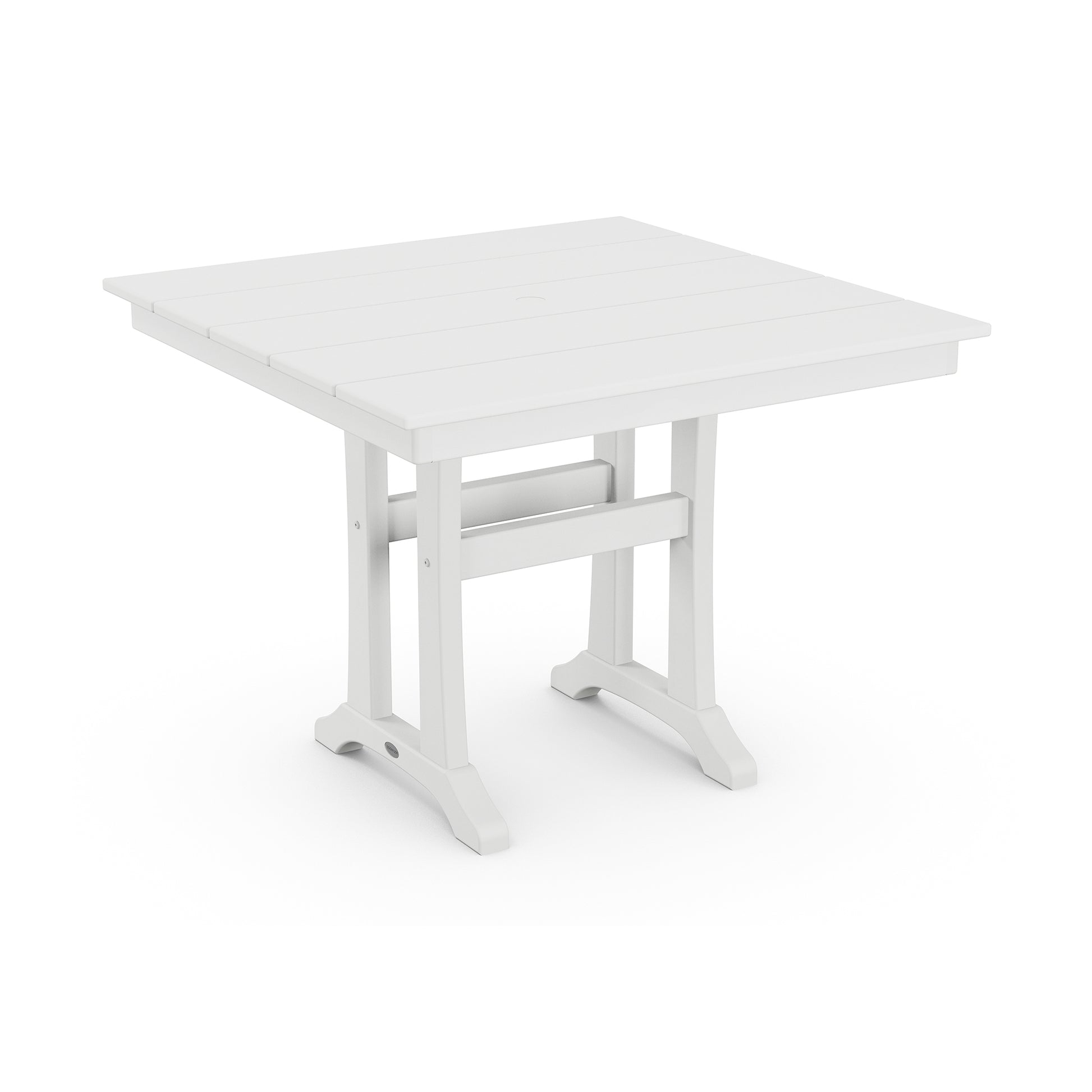 POLYWOOD Farmhouse Trestle 37" Dining Table featuring a slatted top and sturdy legs, perfect for outdoor dining.