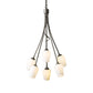 Hubbardton Forge Flora 6-Arm Chandelier with frosted glass shades and a dark metal frame in an elegant blacksmith-inspired design.