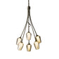 Flora 6-Arm Chandelier by Hubbardton Forge with dark metal frame and six glass shades, highlighting exquisite blacksmith craftsmanship.
