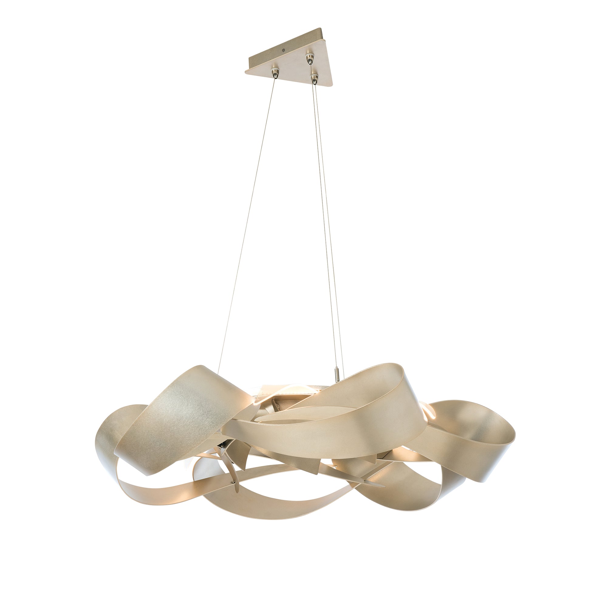 Flux Large Pendant by Hubbardton Forge, showcasing elegant gold ribbon loops, a statement lighting piece crafted in the USA—perfect for modern dining rooms or living spaces.