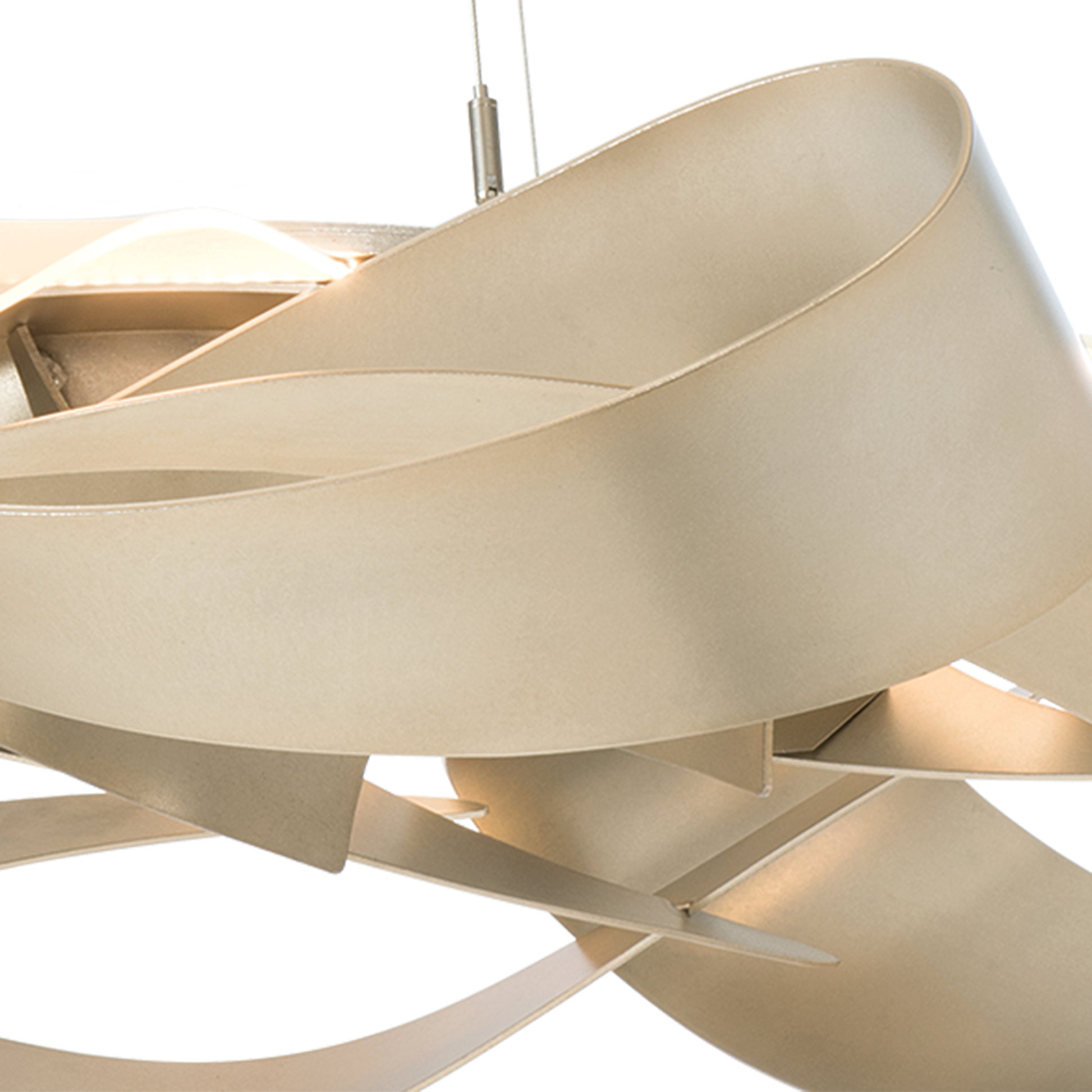 Flux Large Pendant by Hubbardton Forge featuring a modern beige finish, elegant curved bands, and cable suspension. Showcases craftsmanship and contemporary style.