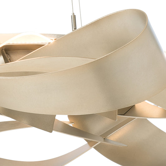 Flux Large Pendant by Hubbardton Forge featuring a modern beige finish, elegant curved bands, and cable suspension. Showcases craftsmanship and contemporary style.