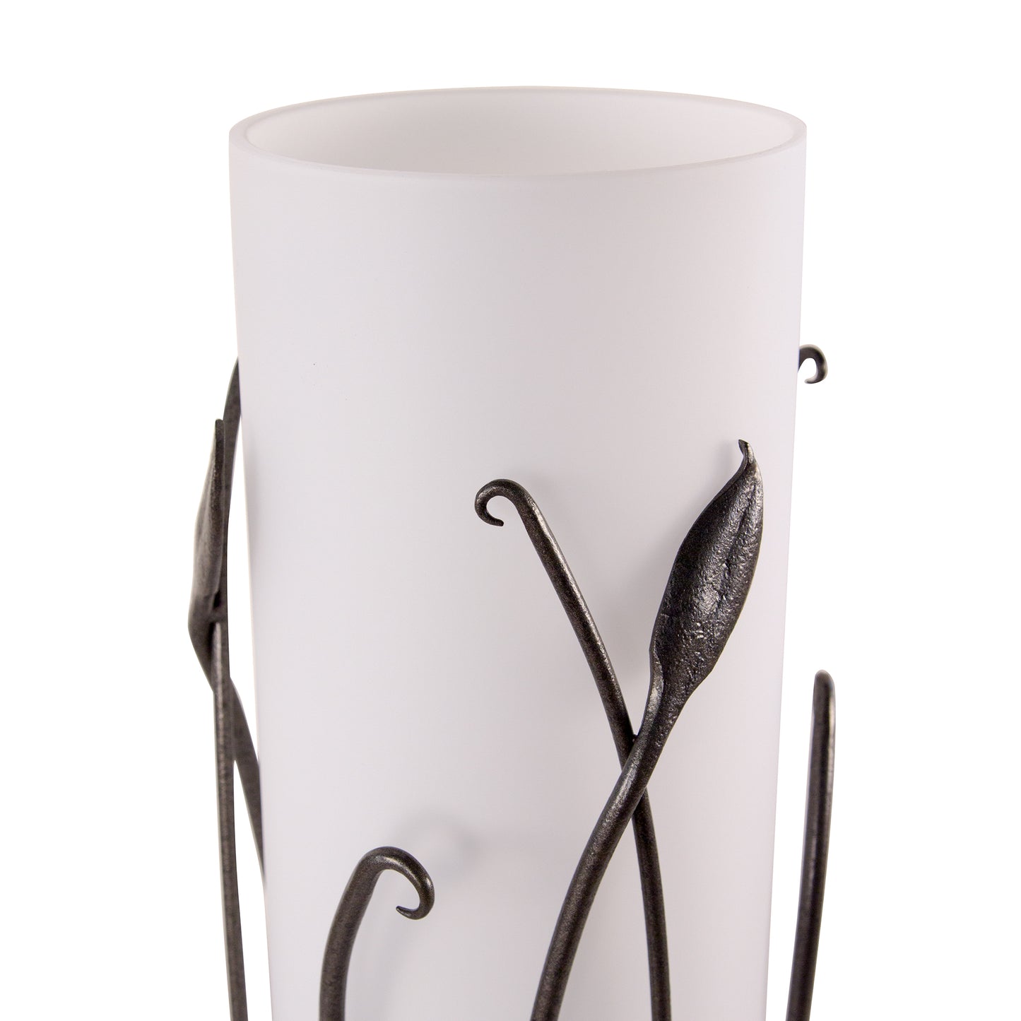 Elegant Forged Leaves and Glass Table Lamp with vine design by Hubbardton Forge, showcasing a striking white cylinder shape.