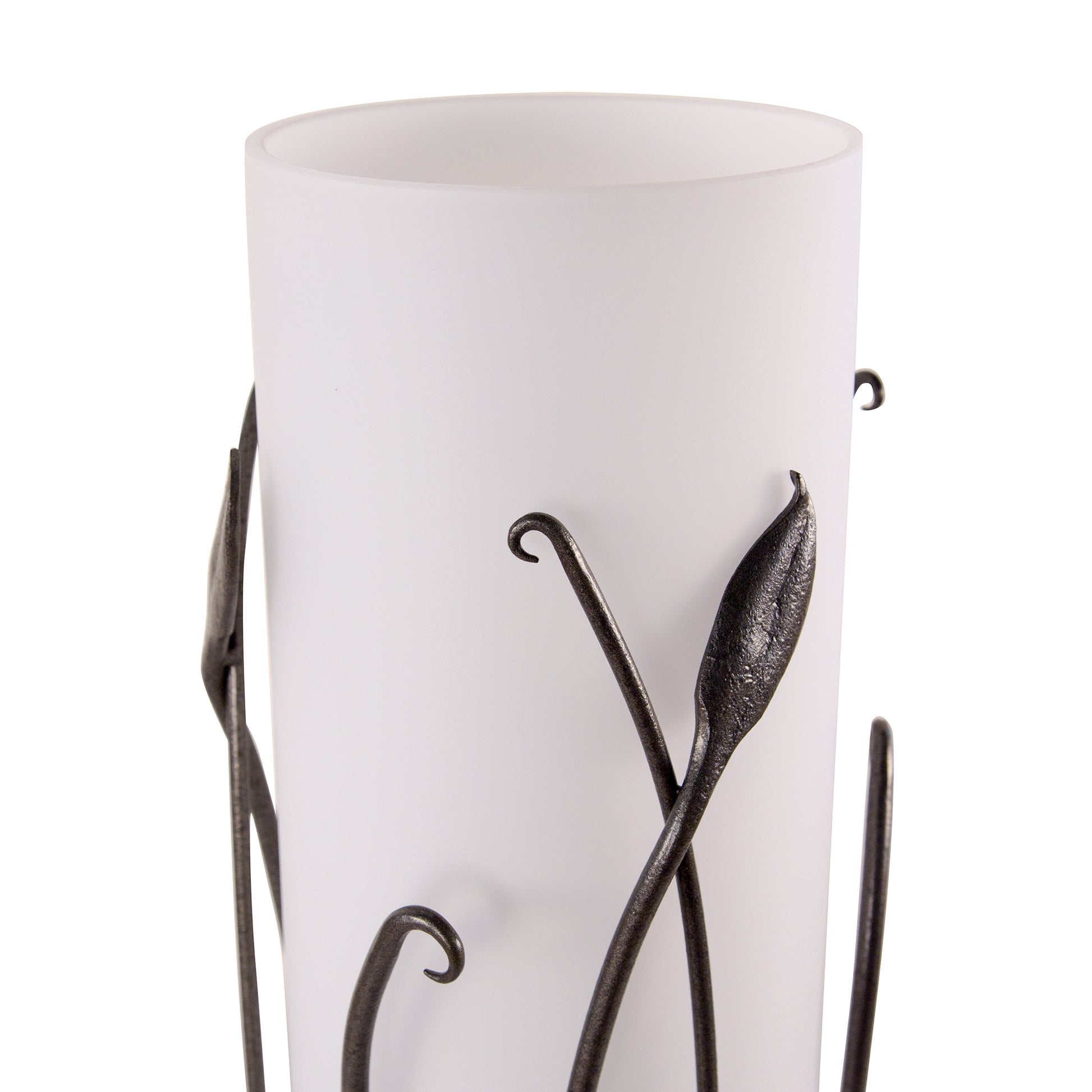 Elegant Forged Leaves and Glass Table Lamp with vine design by Hubbardton Forge, showcasing a striking white cylinder shape.