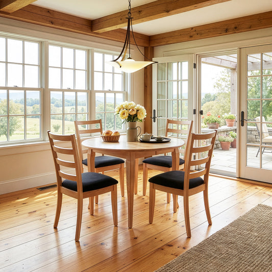 Lyndon Furniture French Country Round Solid Top Table and four chairs, handcrafted American-made hardwood dining set, shown in a bright room.