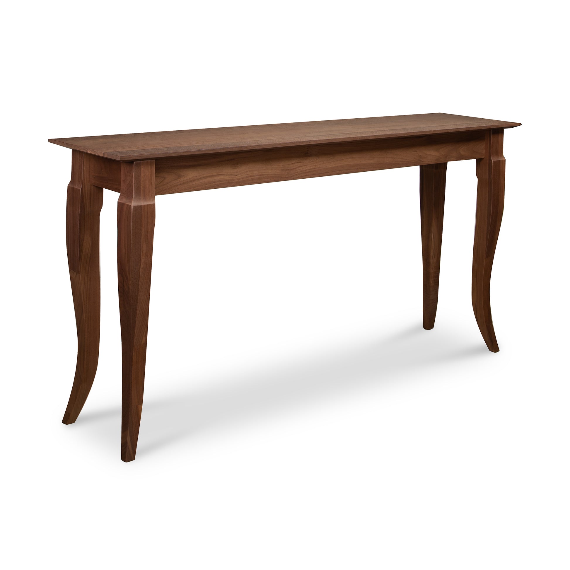 French Country Sofa Table by Lyndon Furniture in solid wood, with a rectangular top and elegant curved legs, American made craftsmanship.