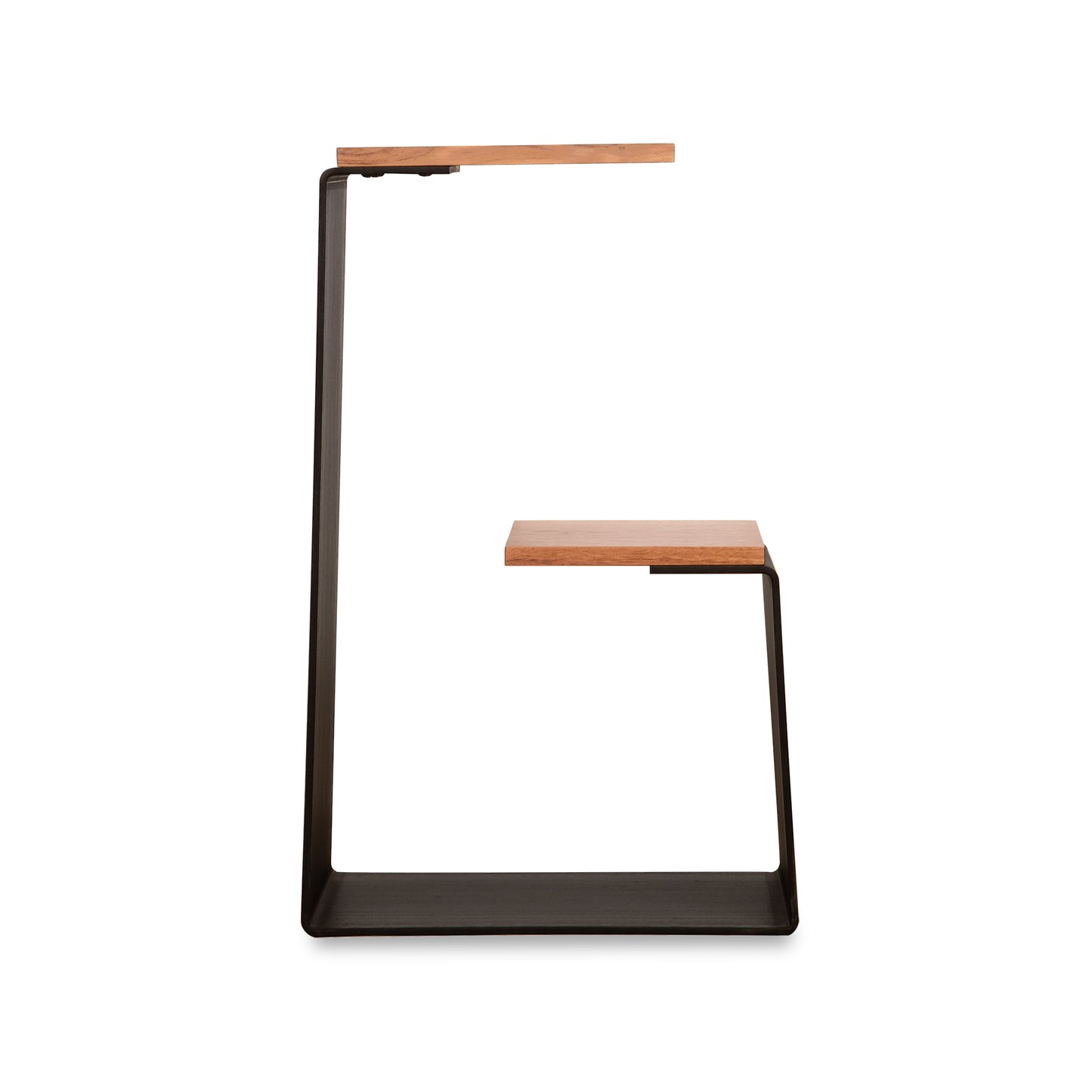 G Table by Vermont Woods Studios with a black metal frame and two staggered hardwood surfaces in a modern geometric design.