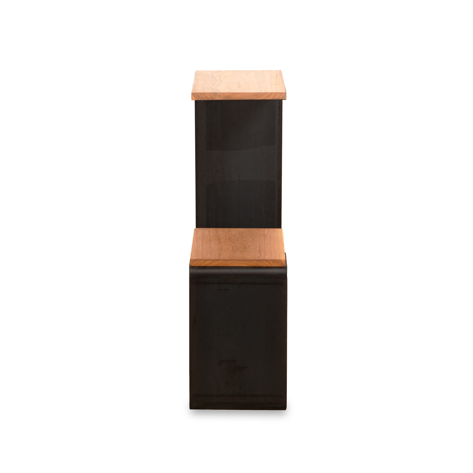 G Table by Vermont Woods Studios featuring a sleek black metal base and light hardwood seat and backrest, displayed from the front.