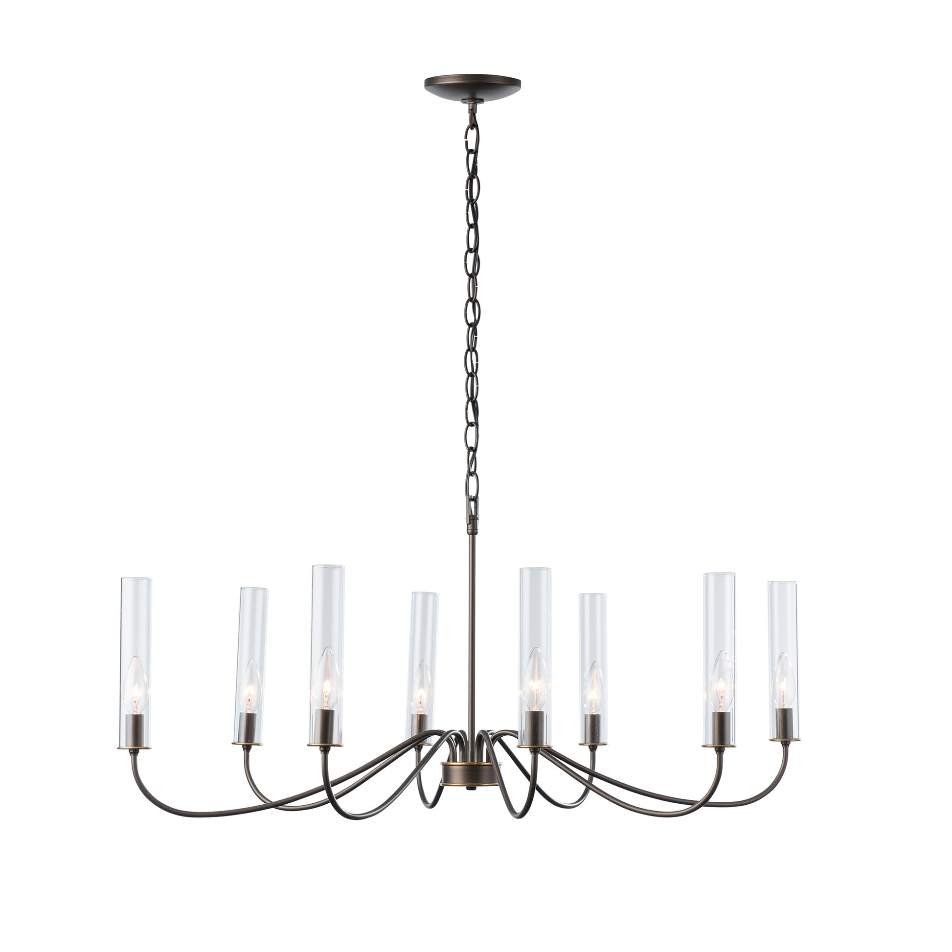 Grace 8-Arm Chandelier by Hubbardton Forge with eight candle lights and clear glass shades, elegantly suspended, adding a sophisticated touch to any room.
