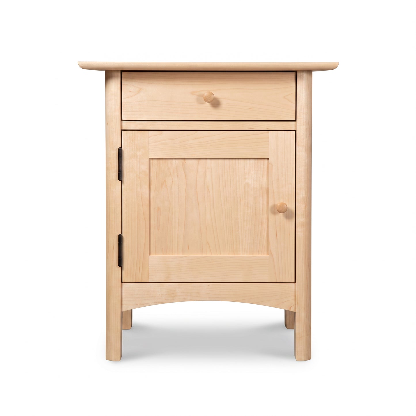 Heartwood Shaker 1-Drawer Nightstand with Door in light wood by Vermont Furniture Designs, highlighting its craftsmanship and clean shaker style.