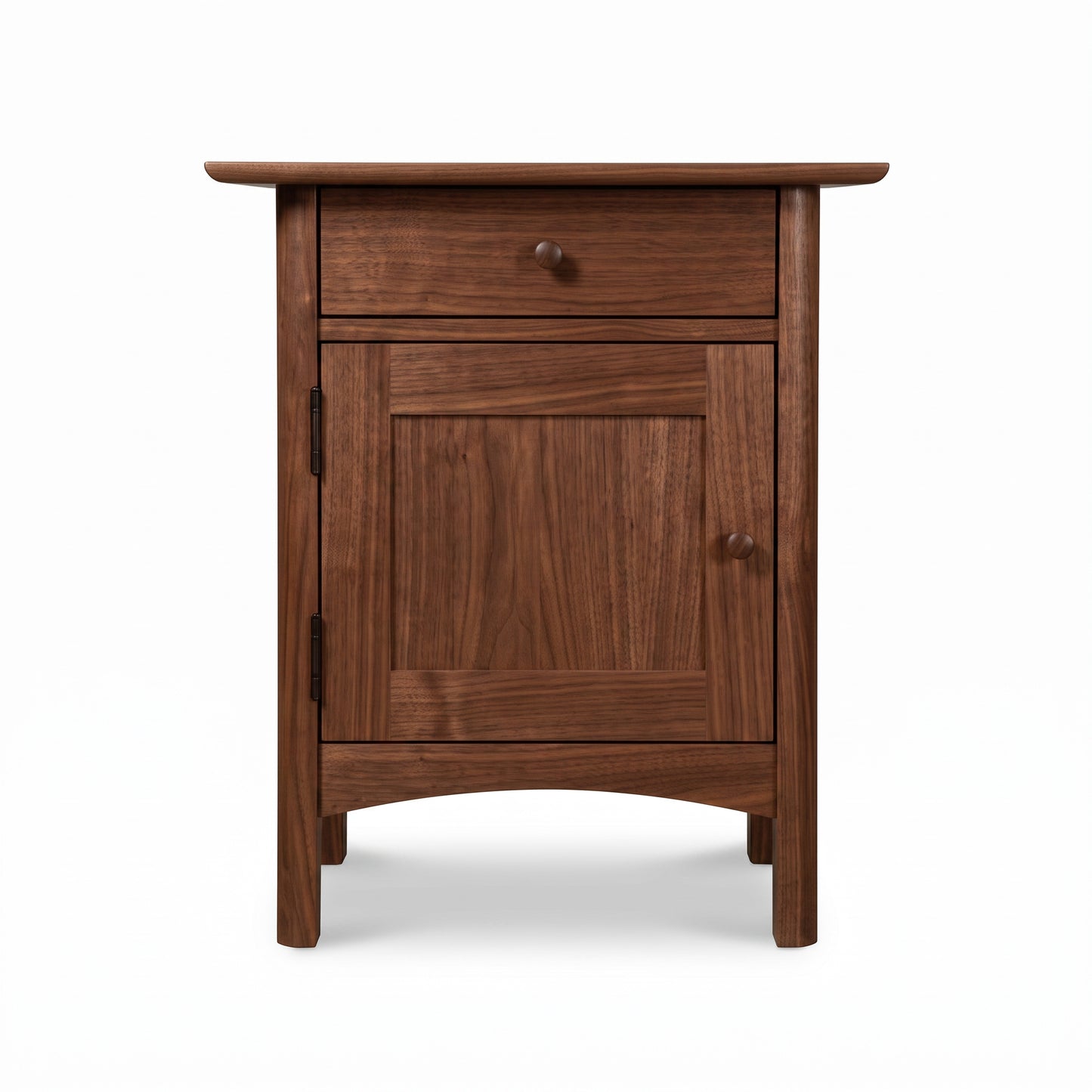 Heartwood Shaker 1-Drawer Nightstand with Door, handcrafted in solid wood by Vermont Furniture Designs, highlighting its simple, timeless design.