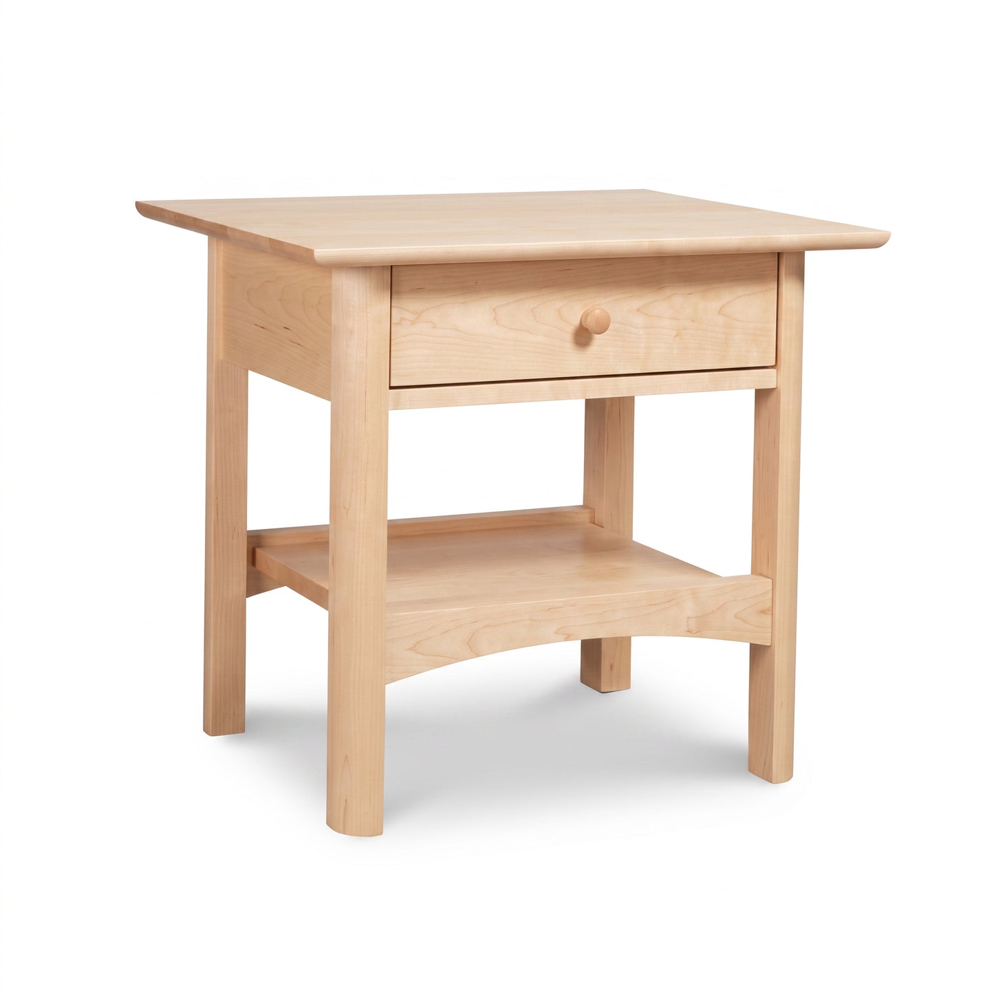 Heartwood Shaker 1-Drawer Open Shelf Nightstand by Vermont Furniture Designs, handcrafted from solid wood with a wood knob and open lower shelf.