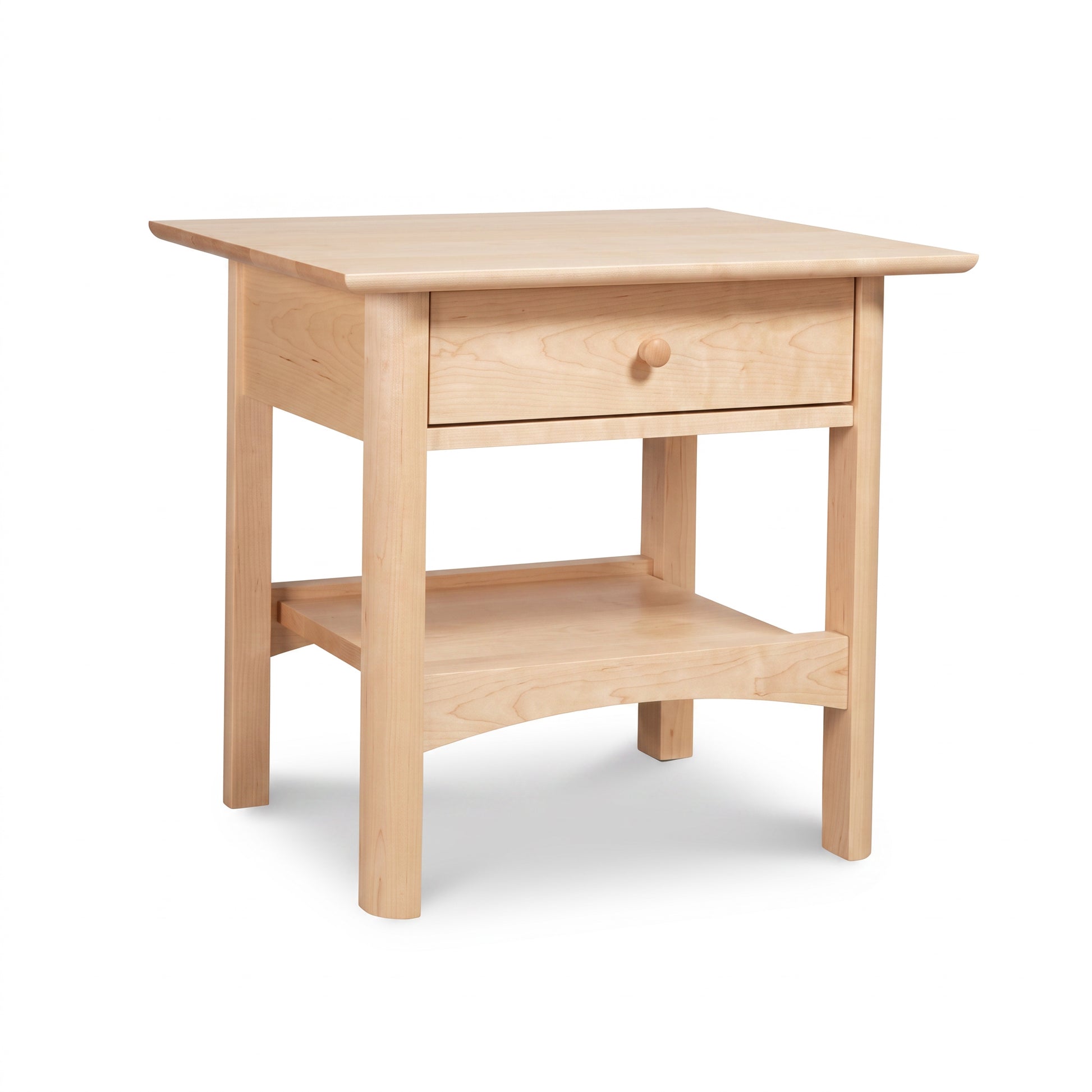 Heartwood Shaker 1-Drawer Open Shelf Nightstand by Vermont Furniture Designs, handcrafted from solid wood with a wood knob and open lower shelf.