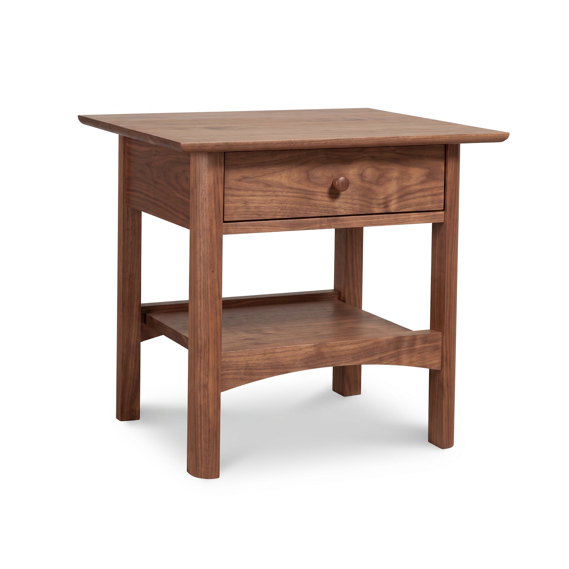 Heartwood Shaker Nightstand in solid wood with sleek drawer, round knob, and lower shelf by Vermont Furniture Designs.
