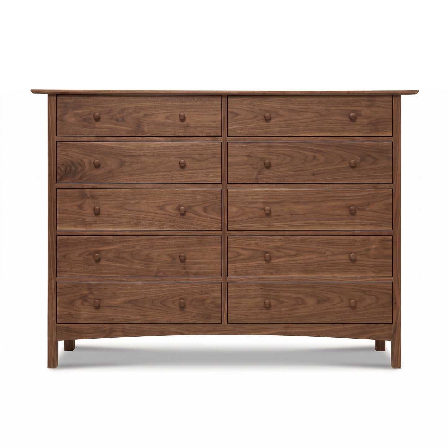 Heartwood Shaker 10-Drawer Dresser by Vermont Furniture Designs, handmade in Vermont with two rows of five drawers and minimalist round wooden knobs.